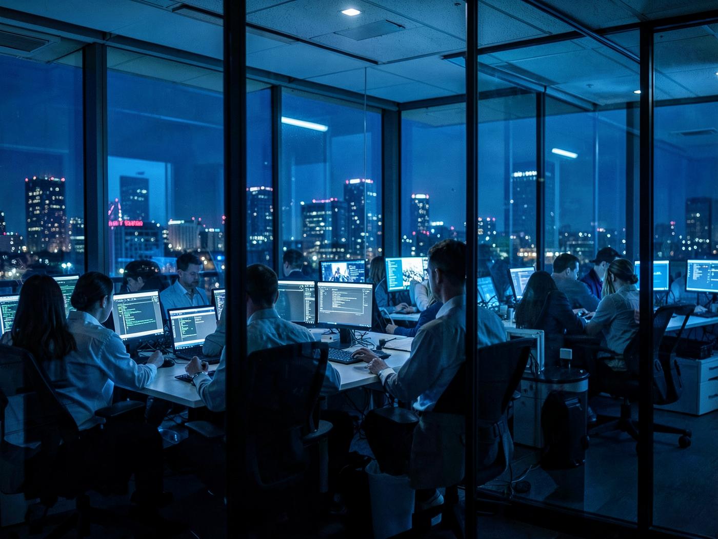 Technology company workspace lit at night above a city skyline
