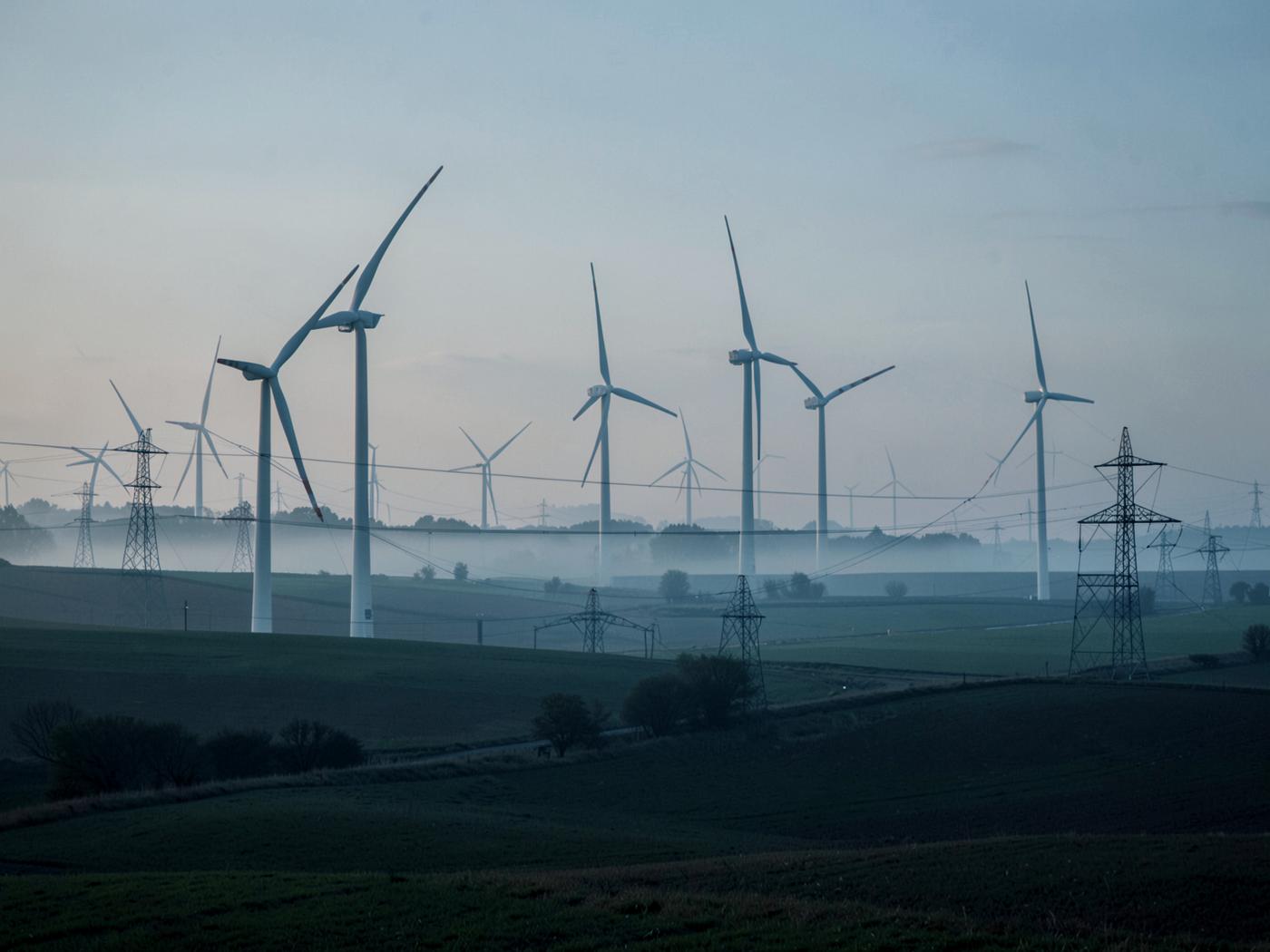 Wind turbines and transmission infrastructure across farmland at first light