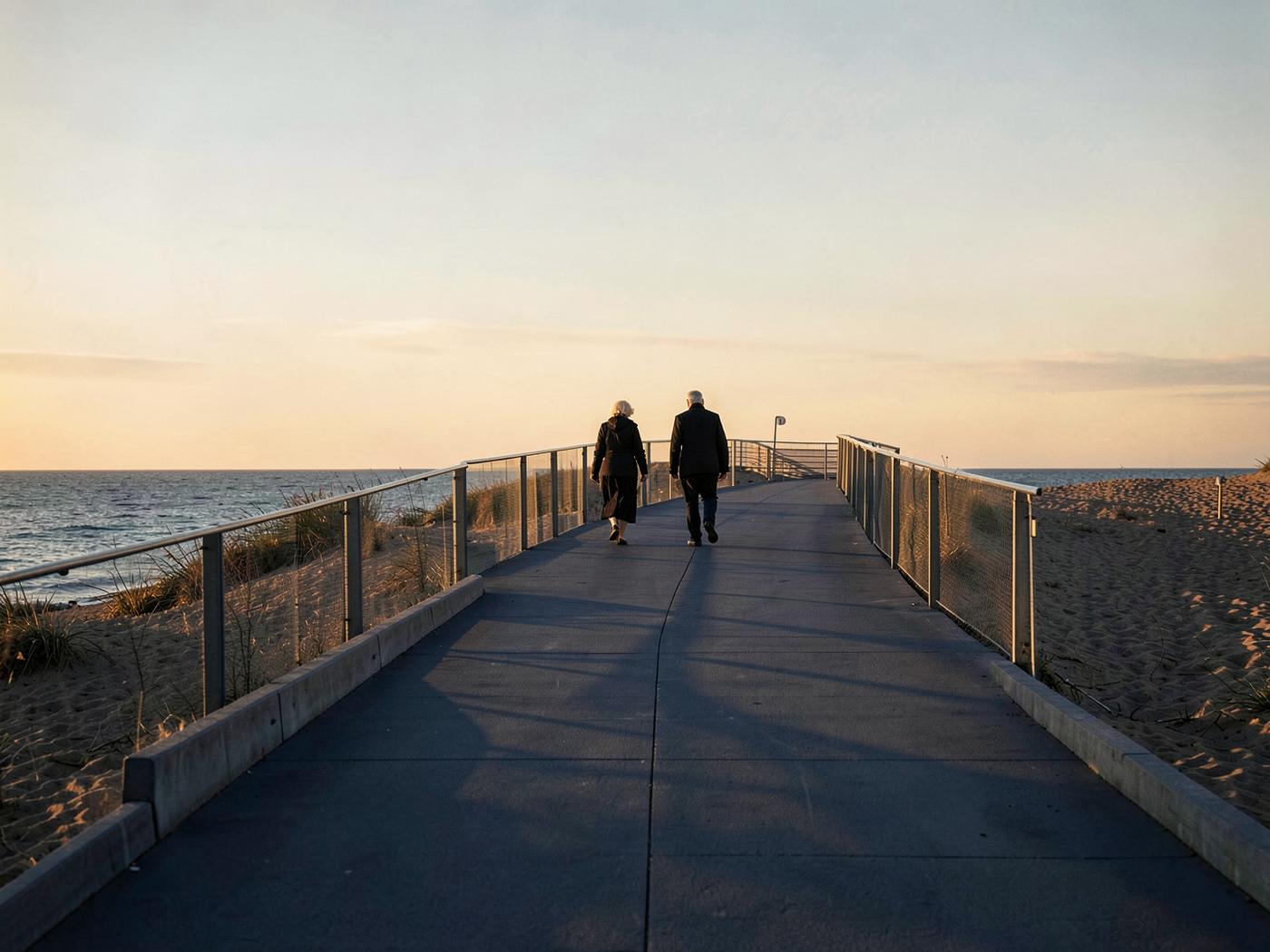 Couple walking a coastal path at golden hour