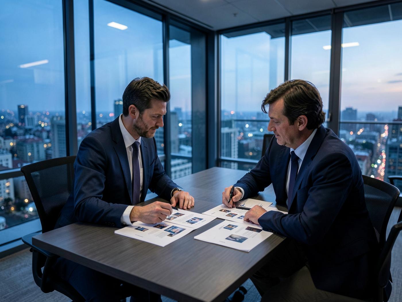 Advisers reviewing portfolio documents in a city meeting room at dusk
