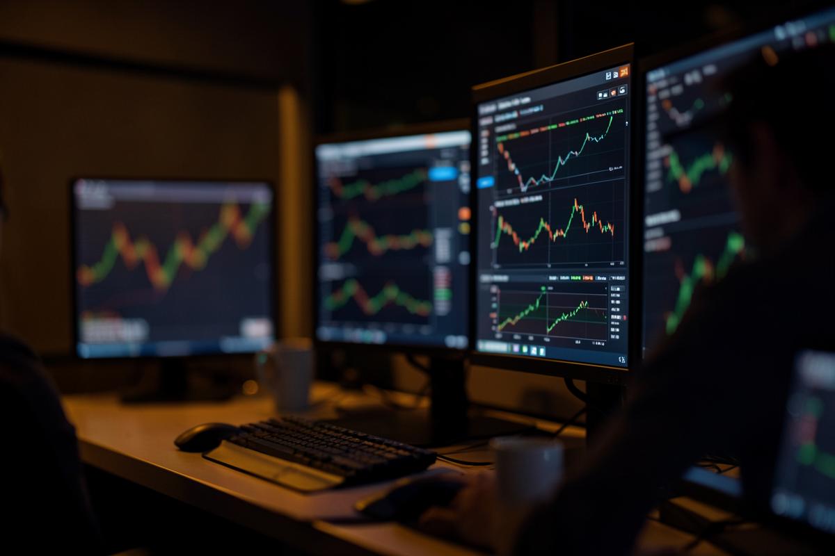 Trading desk monitors displaying market charts in a darkened room