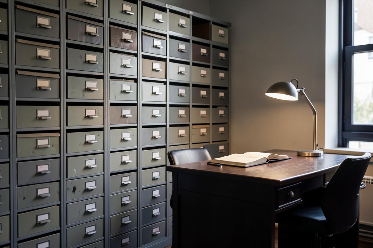 Archive index drawers beside a lamplit reading desk
