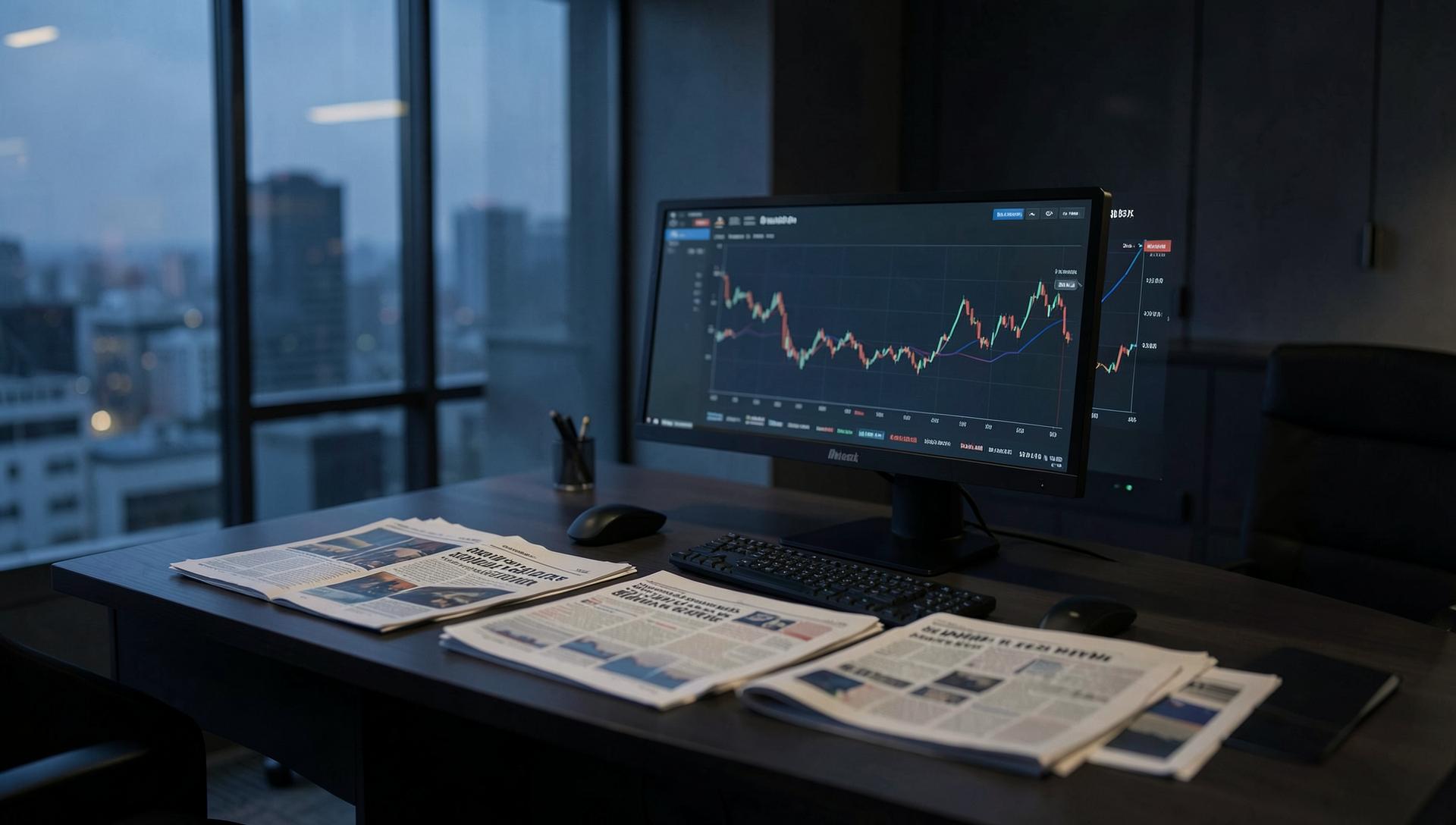 Financial newspapers and market data on a desk at dusk