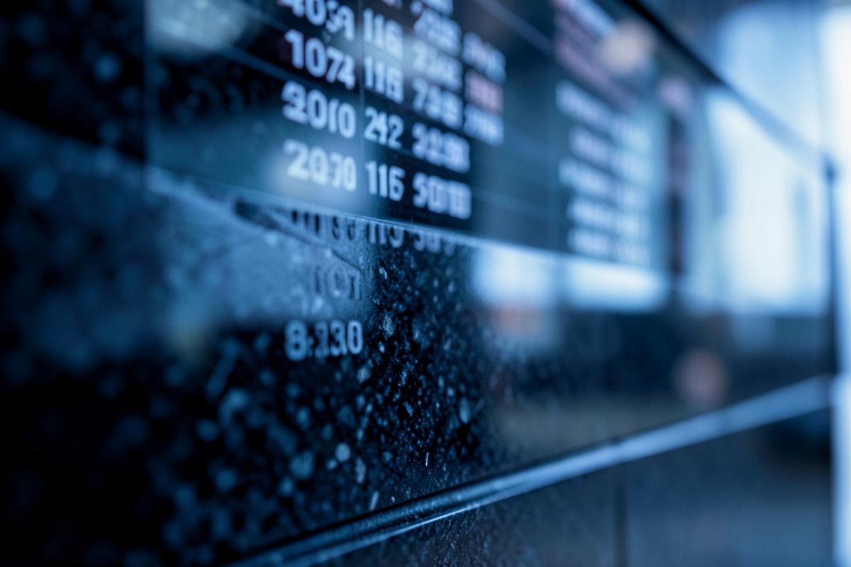 Market quotation board reflected in dark polished stone